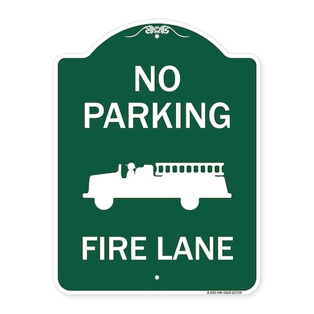 Signmission No Parking Fire Lane Fire Truck, Green & White Aluminum Architectural Sign, 18" x 24", GW-1824-23739 A-DES-GW-1824-23739